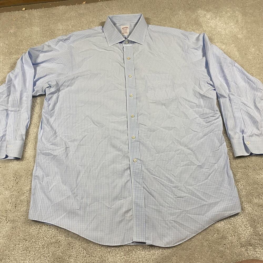 Brooks Brothers Shirt Mens 17.5 34 Blue Plaid Madison Non Iron Button Down